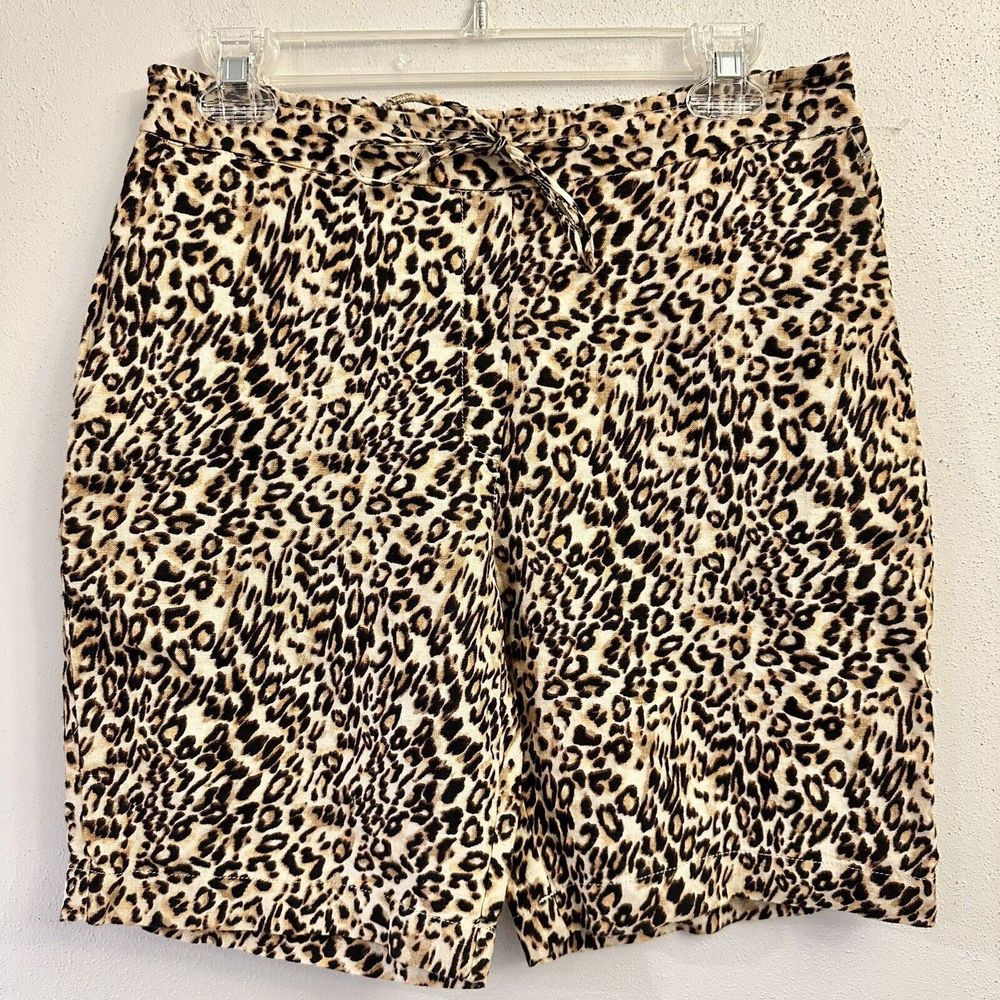 Chicos Shorts Womens 00 (2) Brown Animal Print 100% Linen Elastic Waist Pockets